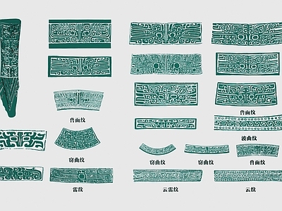 中式中国古代青铜器纹样图案墙饰挂件 三星堆 夔龙纹 龙纹 波纹 鸟纹 饕餮纹样 方形 异形 立体