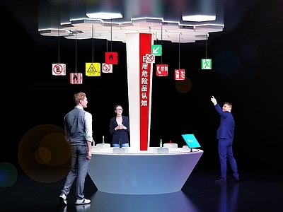 现代展示台 消防安全 互动台桌 消防标识 抽象树 触摸屏 展柜 展具