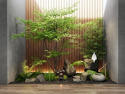 新中式室内植物景观造景 小品 枫树 石头 假山 苔藓