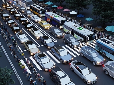 现代路面 交通工具 汽车豪车 新能源车 人物 太阳伞 公路 围栏