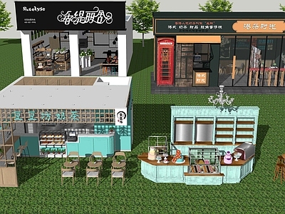 现代餐厅建筑 工装店面 商业街餐饮店铺面 奶茶烘焙店头