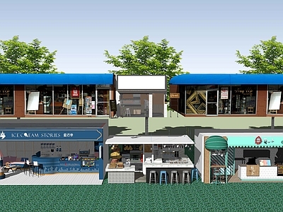 现代餐厅建筑 工装店面 商业街餐饮店铺门面 奶茶烘焙店门头