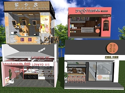现代餐厅建筑 工装店面 商业街餐饮店铺门面 奶茶烘焙店门头