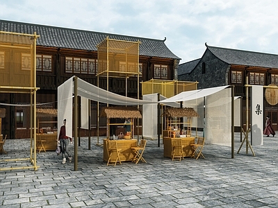 新中式商业街景观 竹构古风摊位 雕塑小品