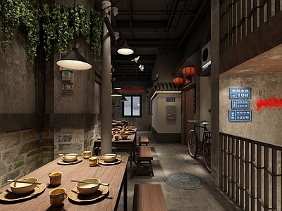 工业风烧烤店 藤曼 树 红砖 路灯 井盖