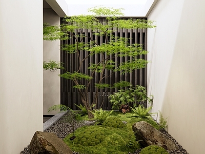 现代室内景观造景 小品 植物堆 枫树 植物造景