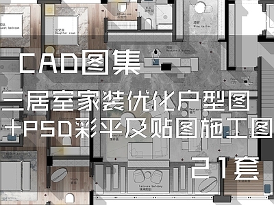 三居室室内家装优化户型图 PSD彩平及贴图 平层