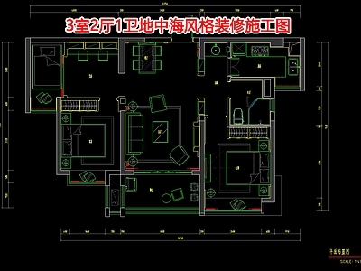 3室2厅1卫地中海风格室内 效果图 施工图 平层