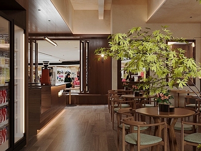 侘寂咖啡厅 卡座 餐桌椅组合 绿植 操作台  备餐区 单层 休息区 收银前台