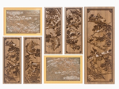 中式红铜山水浮雕花 木雕花 木 实木雕花画 实木立体画