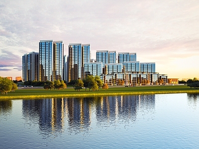 现代沿河高层住宅 沿河住宅黄昏 公园 沿街商业夜景