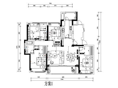 四室两厅室内平面布置图 施工图  三室一厅 平层