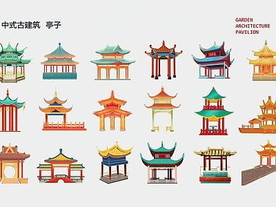 中式古建筑 国潮 凉亭 亭台楼阁 手绘插画