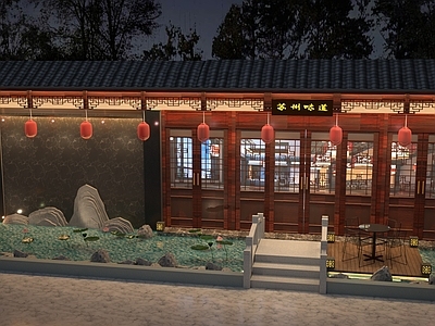 新中式餐饮建筑 门头水景 门头小桥流水