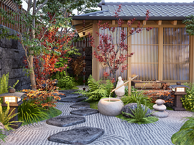 日式庭院景观 景观造景 庭院小品 石头 灌木 枯山水 植物堆