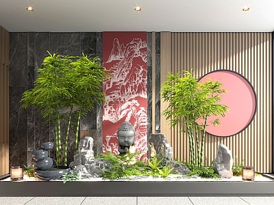 新中式室内景观 植物景观小品 跌水 竹子 富贵竹 雕塑 景石 雕塑 碎石 蕨类灌木