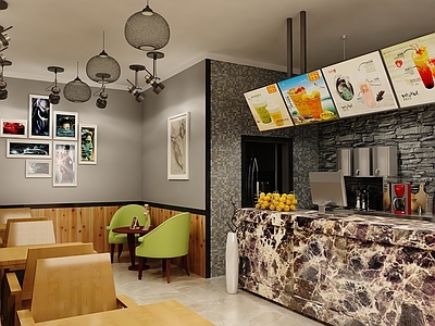 现代奶茶店 单层 休息区 收银前台