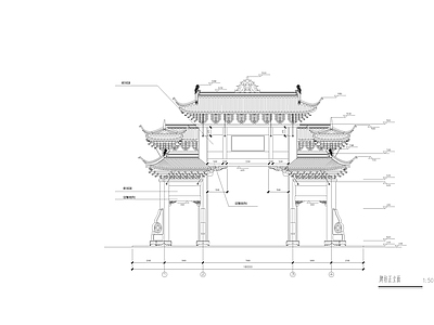 石柱木斗拱屋盖牌坊建筑 施工图