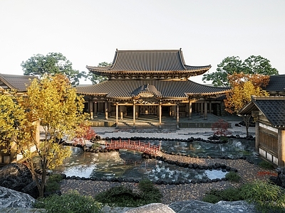 日式古代寺庙建筑 庭院 水景 拱桥