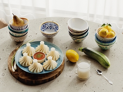 饺子 碗 柠檬 黄瓜 牛奶 勺子 杯子 鸭梨