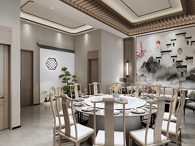 新中式餐厅包厢 圆形餐桌椅 背景墙 餐具