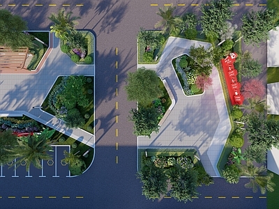现代折线公园 红色廊架广场 住宅广场