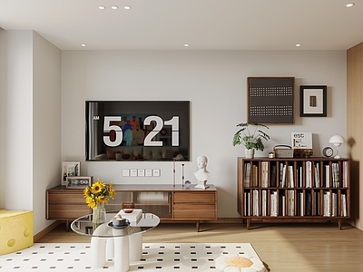 现代原木loft客厅 沙发 挂画 柜 开放式厨房 复式公寓