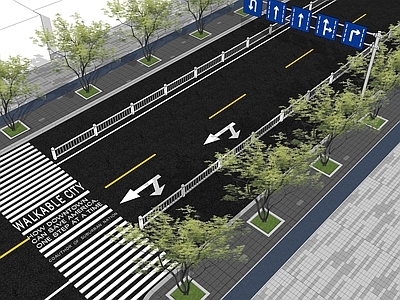 现代市政道路景观 人行道铺地 创意斑马线 公路标准段 双向单车道 路牌
