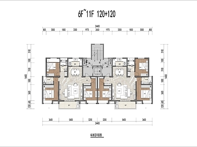 120平T2户型平面 施工图 平层 彩平图