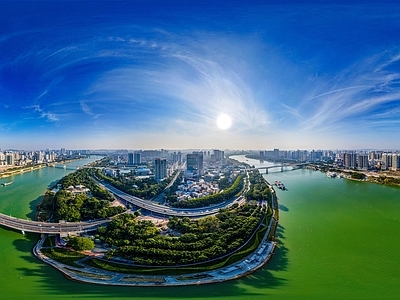 白天城市江流岸边全景HDR