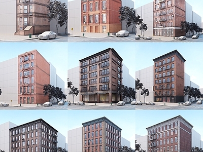 现代老旧城市街道建筑配楼 复古老旧街道转角红砖商业建筑配楼