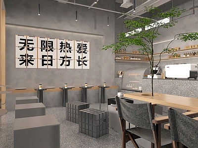 工业风奶茶店 咖啡店 椅组合 墙饰 蛋糕 收银台