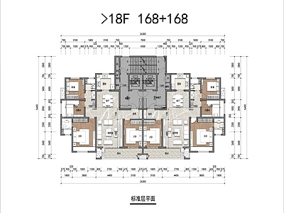 168平T2户型平面 施工图 平层 彩平图