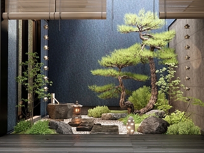 日式天井庭院景观 中庭景观造景 植物堆 松树 石板汀步 雨链