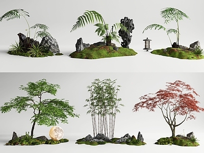 现代庭院小品 植物造景 植物组合 植物堆 景观树 竹子 红枫 微地形