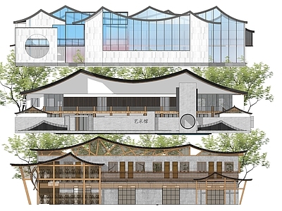 新中式展览馆建筑 坡屋顶 公园游客服务中心 休闲驿站 艺术馆外立面