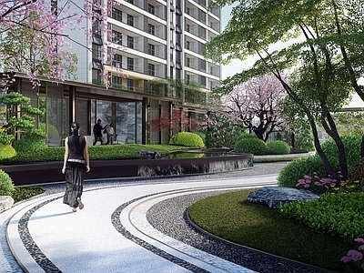 现代小区景观 休闲廊架 景亭 特色景墙 水景 儿童活动区 枯水