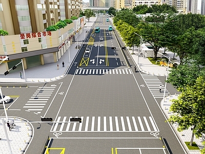 现代道路 十字路口 电箱围挡 交通设施