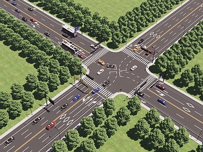现代市政道路景观 城市公路 斑马线 十字路口 道路交通标识 红绿灯