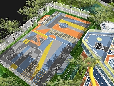 现代创意篮球场 复合型户外运动场地 体育口袋公园景观 康体健身活动区