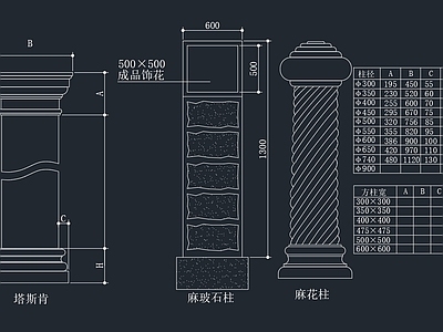 塔斯肯 麻玻石 麻柱 罗马柱节点大样 施工图