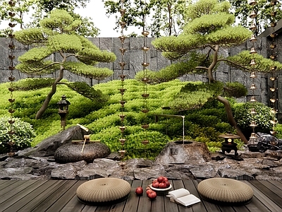 新中式庭院景观小品 流水石头 石板路 汀步 雨链 松树植物造景