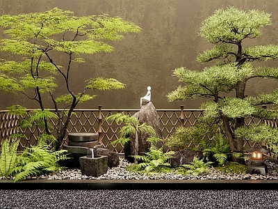 日式庭院景观小品 水钵 假山 植物堆 植物组合 蕨类植物 枫树