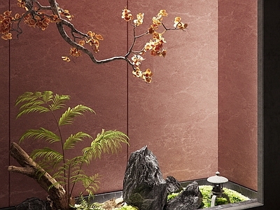 现代室内景观造景 石头 蕨类植物 灯 枯木 苔藓 碎石