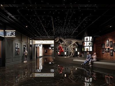 现代电影院 电影院休息区 休息大厅 等候区 恐龙雕塑 影厅字号 星空顶