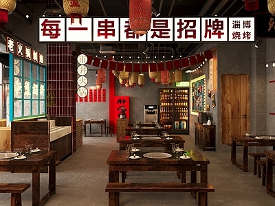 工业怀旧风烧烤店 烤肉店 实木餐桌椅组合 灯笼 墙饰 灯牌 餐具 餐边柜