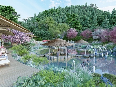 现代自然温泉 茅草亭 跌水 景区 栈道 游乐