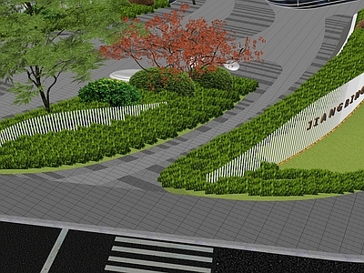 现代广场入口景观 商业街沿街入口 曲线异形格栅景墙 异形树池 草坪种植池