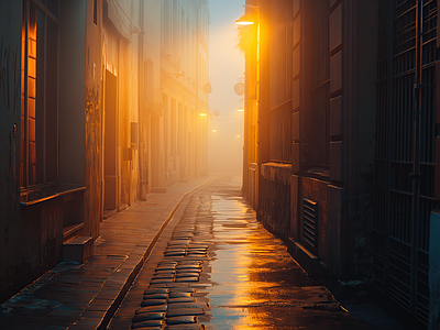 傍晚雨后小巷外景