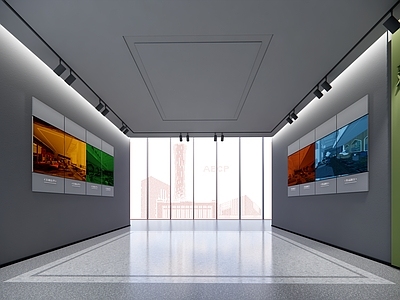 现代作品展览展厅 展板 展览墙面 城市剪影 发光亚克力 背景墙 主题墙面
